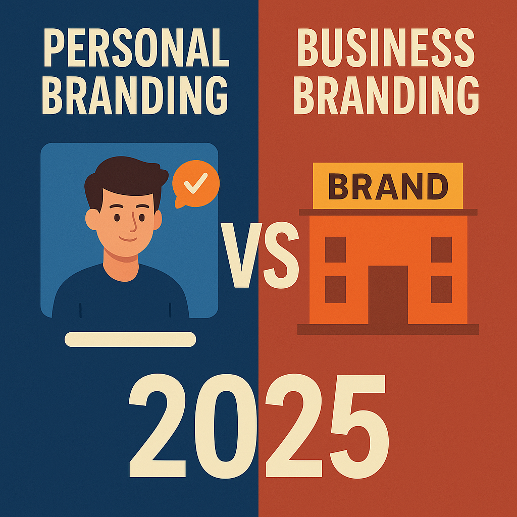 Personal branding vs business branding comparison graphic showing individual influencer elements and corporate brand identity for 2025 digital marketing strategy