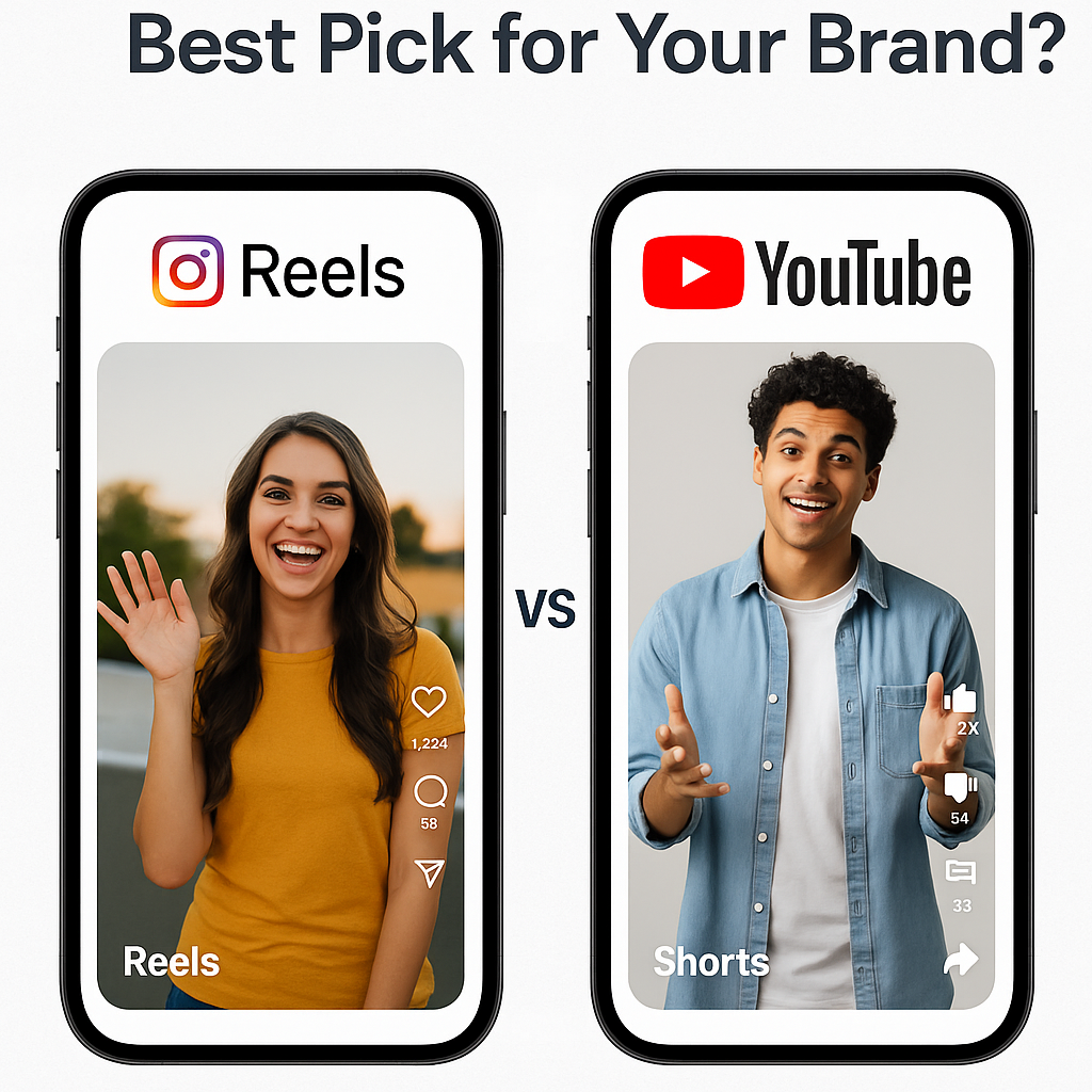 Side-by-side comparison of Instagram Reels and YouTube Shorts on smartphone screens, featuring a smiling woman on Reels and a cheerful man on Shorts, with engagement icons and the headline 'Best Pick for Your Brand?' above.